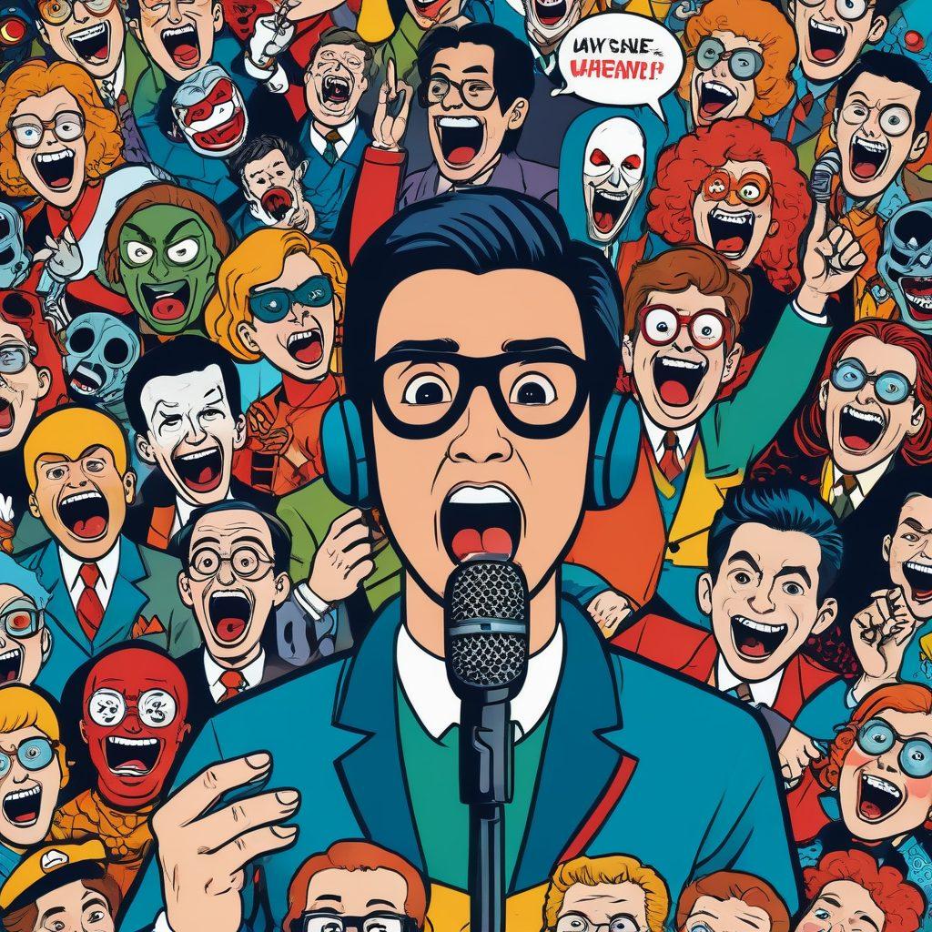 A vibrant and whimsical illustration of a person holding a microphone, surrounded by iconic comic characters and various exaggerated facial expressions. The person is shown morphing into different personas, with speech bubbles containing humorous phrases. Cartoonish, dynamic background with playful colors and elements like comedy masks and sound waves. comic book style. vibrant colors. humorous and lively.