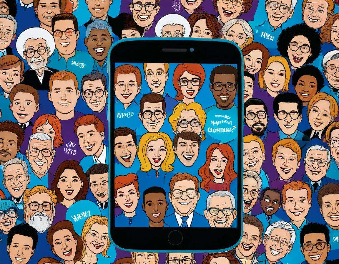 A vibrant scene featuring a smartphone displaying the Parodist app, with playful caricatures of celebrities and animated speech bubbles showcasing famous catchphrases. The background should be colorful and dynamic, with elements of comedy and satire like exaggerated masks and musical notes to hint at voice acting. cartoonish style. vibrant colors. lively setting.