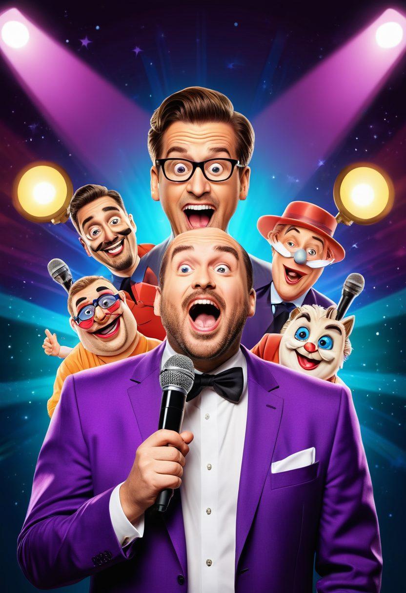 A dynamic scene featuring a comedian on stage with a microphone, creating impressions of various celebrities, surrounded by cartoonish spotlights and audience laughter. In the background, the Parodist App logo on a digital screen, with icons of comedy masks and exaggerated facial expressions. vibrant colors. cartoon style.